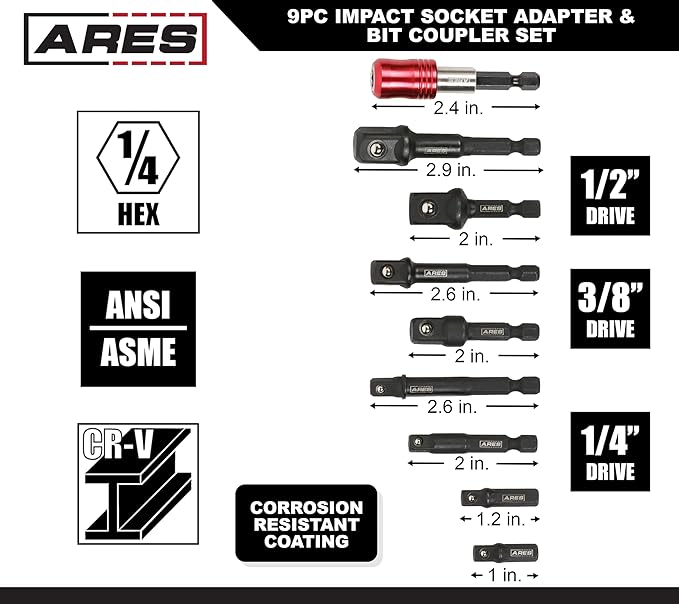 ARES 22034 ??9-Piece Impact Grade Socket Adapter and Bit Coupler Set - Turns Impact Drill Driver into High Speed Socket Driver - 1/4-Inch, 3/8-Inch, and 1/2-Inch Drive ??Quick Release Bit Coupler