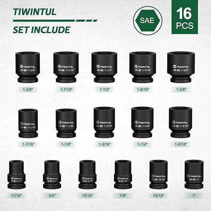 3/4 Inch Drive Impact Socket Set, CR-MO Steel, 16 Pieces Socket Set, SAE Sizes 11/16" to 1-5/8", Heavy Duty Impact Socket Set for Large Vehicle and Equipment Maintenance