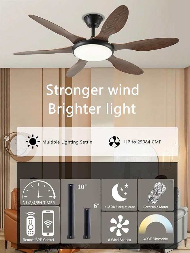 51 Inch Ceiling Fans with Lights, Downrod Ceiling Fan with Light and Remote, 3CCT, LED Dimmable, Reversible DC Motor, Quiet Brown Ceiling Fans for Bedroom, Living Room, Kitchen, Outdoor Patios