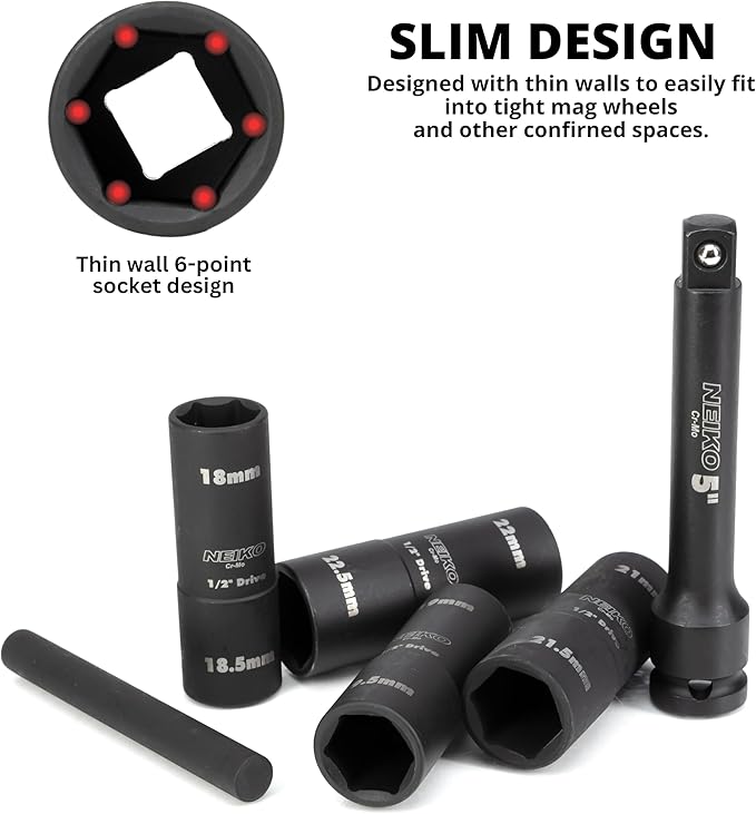 NEIKO 02290B Lug Nut Socket Set, 1/2??Impact Thin Wall Flip Socket Set, Half Size Wheel Socket Set, Metric 6 Point, 5" Extension Bar & Knockout Bar, 18.5mm, 19.5mm, 21.5mm, and 22.5mm