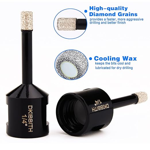 1/4 Inch Dry Diamond Core Drill Bits Set 2 pcs for Ceramic Porcelain Granite Marble Tiles Stone Glass Brick Hard Materials, 5/8-11 Thread for Angle Grinders Wet Polishers, Tile Hole Saws 6mm