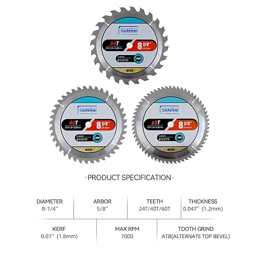 Luckyway 8-1/4 Inch Table Saw Blade 24T Framing & 40T Ripping/Cross Cutting 60T Finish with 5/8 Inch Arbor TCT Saw Blade for Table Saw,Precision Cutting for Woodworking, 3-Pack