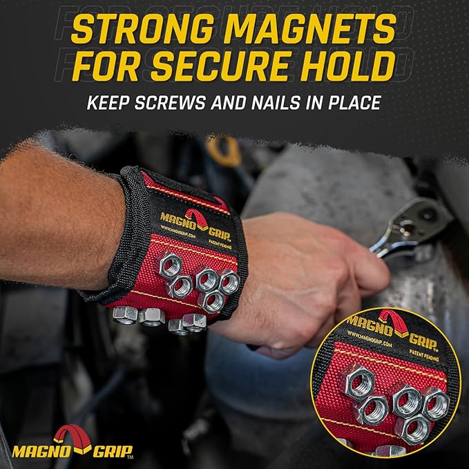 MagnoGrip Magnetic Wristband for Holding Screws, Nails, Drill Bits, Super Strong Magnets, Adjustable Strap, Essential Tool for DIYers, Handyman, Mechanics, Construction & Home Improvement - Red