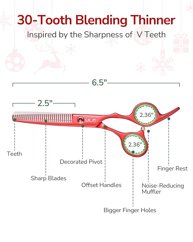ULG 6.5" Hair Thinning Scissors, Japanese Stainless Steel, Professional Texturizing Shears, Barber?셲 30-Tooth Blending Thinner for Stylist & Home Use, Christmas Gifts for Women Men Family Red