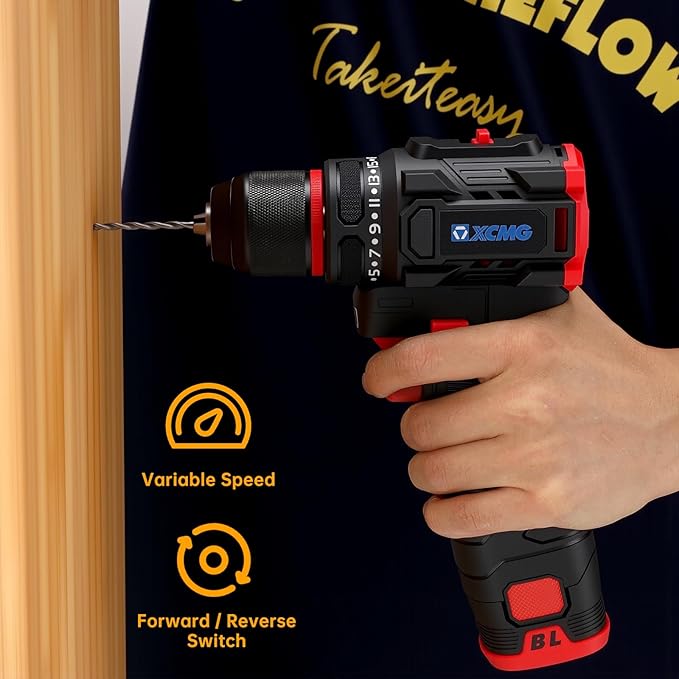 XCMG Cordless Hand Drill, 16.8V Brushless Motor, 3/8 Inch Keyless Chuck, Built-in LED Light, 20+1 Torque Adjustment, Dual Batteries for Long-Lasting Operation