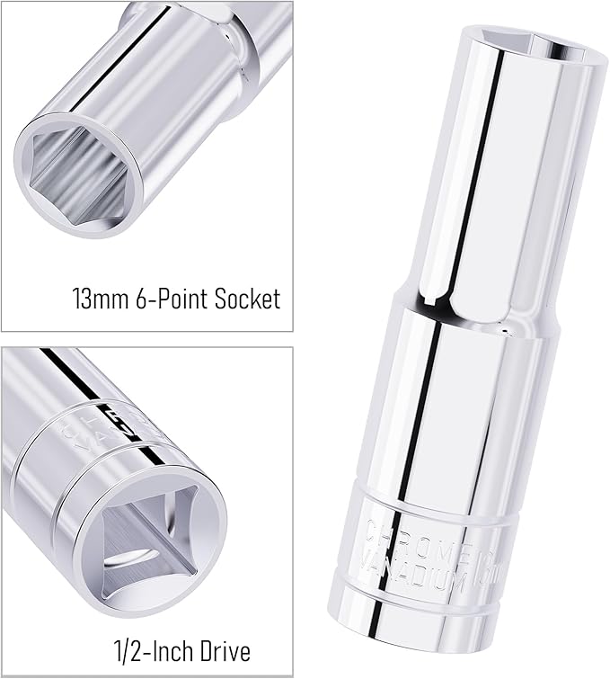 13mm Deep Socket, 1/2 Inch Drive, 6 Point, Metric, Heat Treated CR-V Steel Sockets, Full Polishing, 3.1 Inch Length(1 PC)