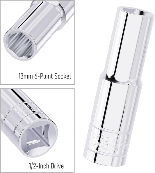 13mm Deep Socket, 1/2 Inch Drive, 6 Point, Metric, Heat Treated CR-V Steel Sockets, Full Polishing, 3.1 Inch Length(1 PC)