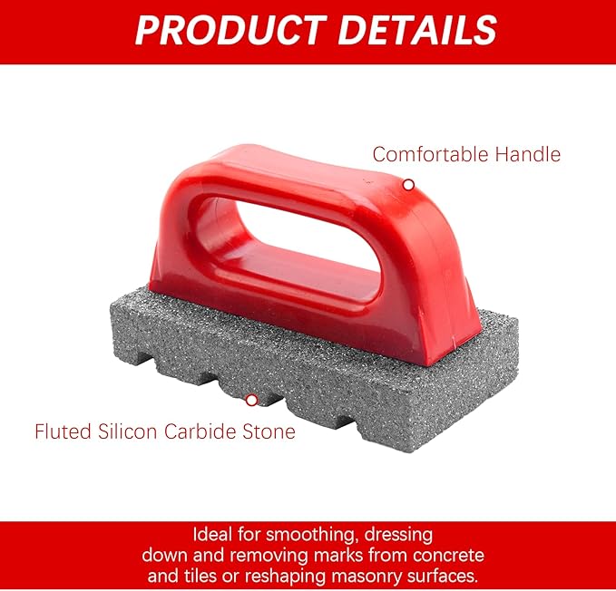 3 Pcs Rub Brick with Handle, Fluted 20-Grit Carbofrax Surface Concrete Tools Masonry Tools Smoothing Cleaning Removing Marks Tool (Red)