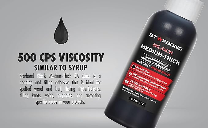 STARBOND Black Medium-Thick CA Glue Pro Kit (2 oz) ??Rubber-Toughened, Impact-Resistant Cyanoacrylate Super Glue ??for Durable Knot Filling, Crack Repair, Woodworking, Guitar, Hobby & RC Projects