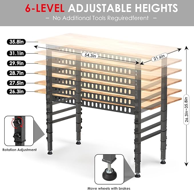 54.3 "Adjustable Workbench with Power Outlet, Heavy Duty 2000 LBS Load Capacity Hardwood Workbench Suitable for Workshop, Office, Garage, Home (Rubber Pad訝쭾ower Outlets 54.3"x21.6")