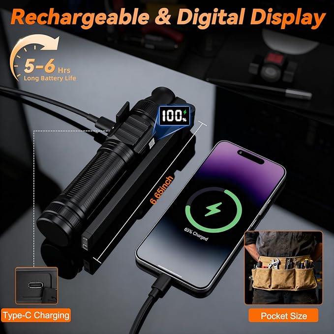 2Pack Magnetic Work Light, All Aluminum & 1500 High Lumens Rechargeable Work Light, 7 Mode & 360째 Rotation Mechanic Light, Rechargeable Flashlight for Car Repairing, Valentines Day Tool Gifts for Him