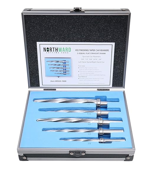 Accusize Industrial Tools 5 Pc H.S.S. Spiral Flute Super Premium Car Reamer Set, 3/8", 1/2", 9/16'', 5/8", 3/4" to Fit 3/8" or 1/2'' Shank Chuck, Aluminum Case