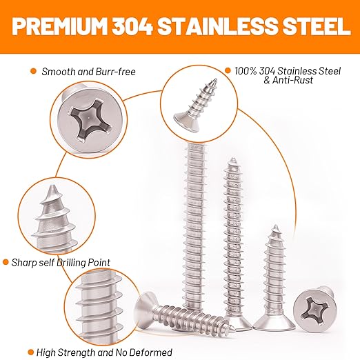 450-Piece Stainless Steel Wood & Sheet Metal Screw Assortment ??#4 to #12 Phillips Flat Head Self-Tapping Screws (1/4" to 2")
