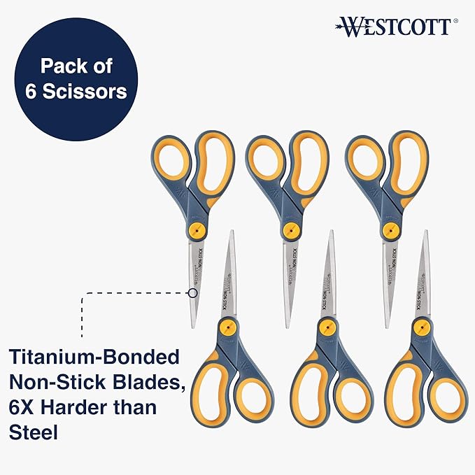 Westcott ??7597 8-Inch Non-Stick Titanium Scissors For Office and Home, Blue/Gray, 6 Pack