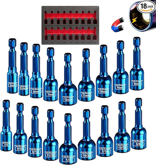 18 PCS Impact Magnetic Nut Driver Set, Metric & SAE Impact Driver Bit Set, 1/4 Inch Hex Shank Drill Socket Set, Nut Driver Set For Impact Drill