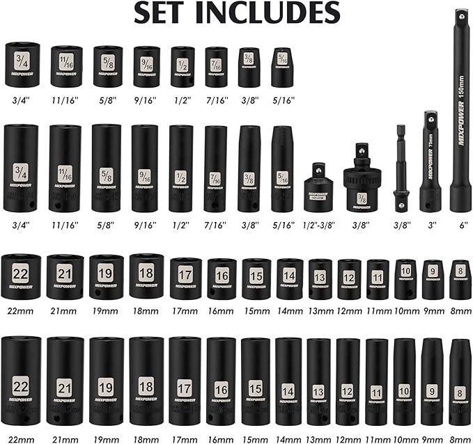 MIXPOWER 3/8" Drive Deep Impact Socket Set, 6 Point, 49 Piece Standard SAE and Metric Sizes-5/16-Inch to 3/4-Inch and 8-22 mm, 3/8'' impact universal joint, Cr-V Steel Mechanic Socket Set