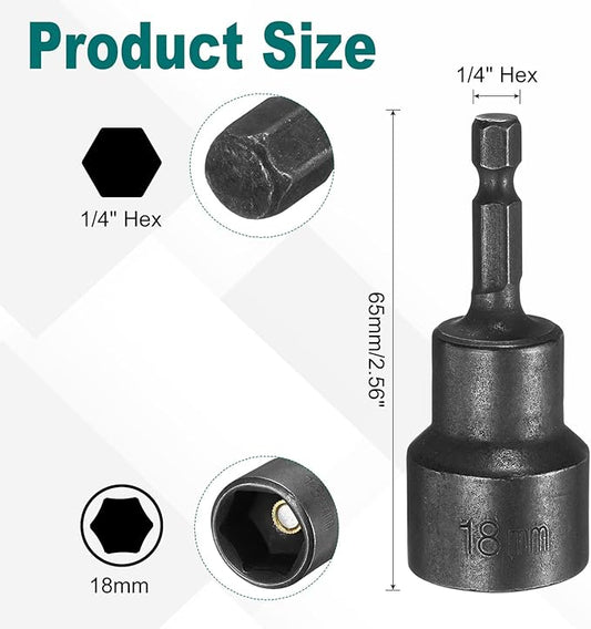 uxcell 2Pcs 1/4" Hex Shank 18mm Magnetic Hex Socket 65mm Length, CR-V Steel Quick-Release Power Nut Driver Set with Socket Wrench Screw for Impact Drill Black