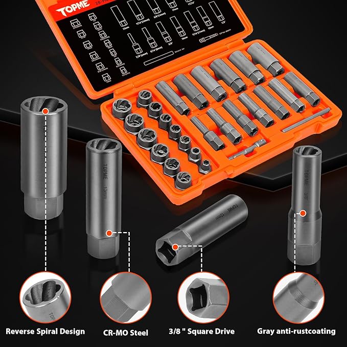 Deep Bolt Extractor Set,28 PCS Impact Bolt & Nut Remover Set,Stripped Lug Nut Remover,Extraction Socket Set for Removing Spark Plug,Damaged Rounded-Off Bolts,Nuts,Studs,Threaded Tubes