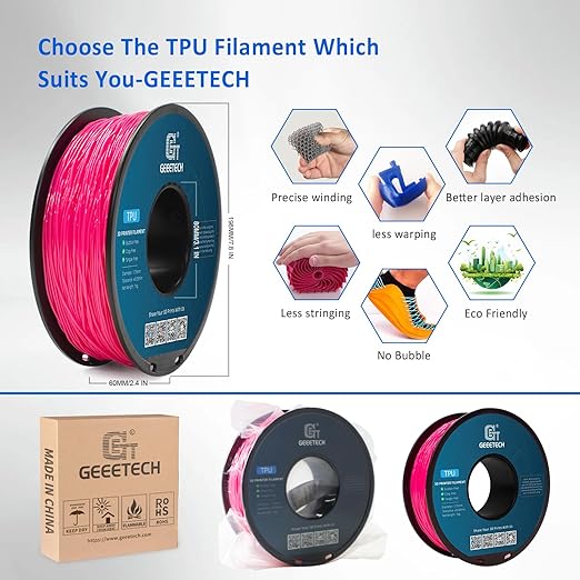 Geeetech TPU Filament 1.75mm, 95A Flexible 3D Printer Filament with High Elasticity, 1KG (2.2lbs) Spool, Dimensional Accuracy 짹0.03mm, Fits Most FDM Printers (Pink)