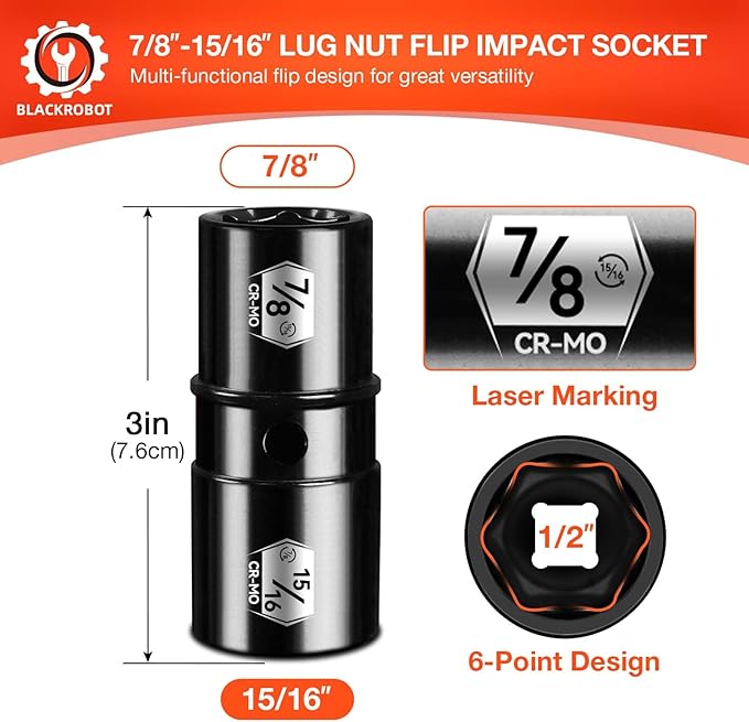 BLACKROBOT 1/2" Drive Impact Lug Nut Socket Set, 7/8" x 15/16" Impact Socket Set, CR-MO, 6-Point, Electroplated Surface for Auto Repair
