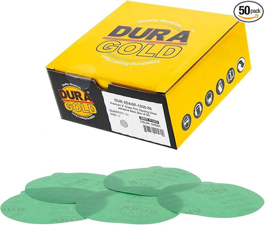 Dura-Gold Premium 5" Green Film PSA Sanding Discs - 1200 Grit (Box of 50) - Film Back Self Adhesive Stickyback Sandpaper Discs for DA Sander, Finishing Abrasive, Sand Automotive Paint Woodworking Wood