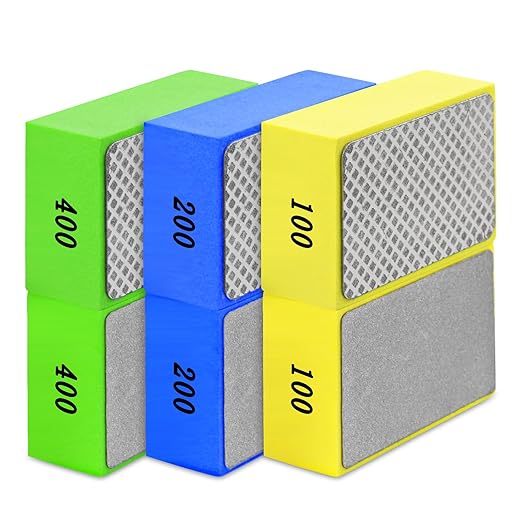 6pcs Diamond Hand Polishing Pads Foam Backing Sanding Blocks, Diamond Polishing Pads for Ceramic Tile Glass Stone Wood Marble Metal Grinding, Foam Sanding Pads 100#,200#,400#