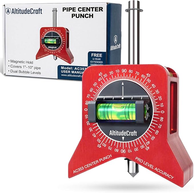 Magnetic Pipe Center Finder Punch Tool, 1??0 Inch Pipe Fitter Layout Tool with Bubble Levels & 360째 Angle Dial for Accurate Pipe Marking