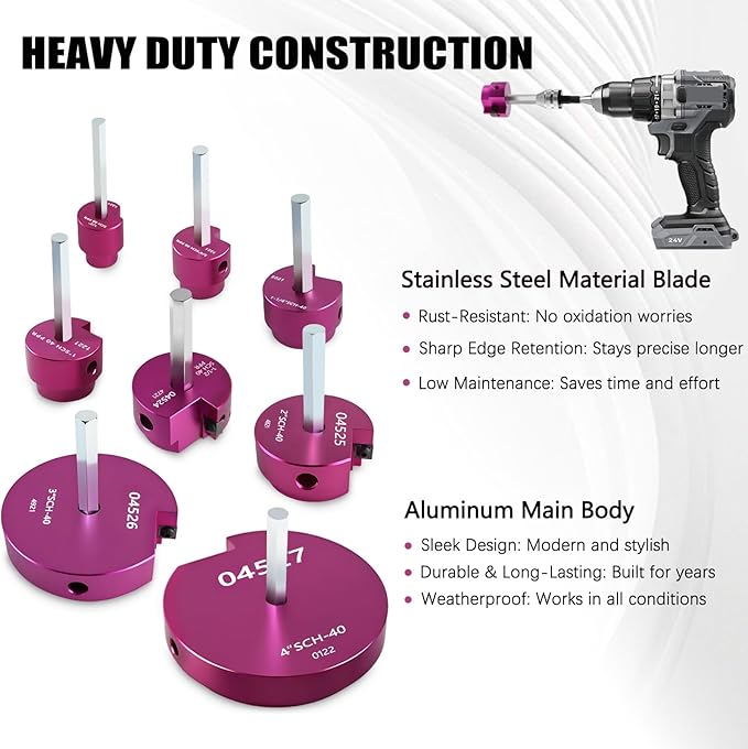 PVC Pipe Reamer Kit 8 PCS 3/4", 1/2", 1", 1-1/4", 1-1/2", 2", 3", 4" for SCH 40 CPVC & ABS Plastic Fittings ??Fits 1/2" Drills with 3/8" Hex Shaft, Durable & Heavyduty for Exhaust, Drain & Water Pipe