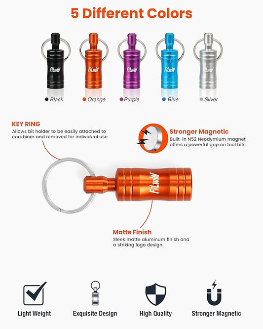 Magnetic Bit Holder Key Chain 5Pcs, Quick Release Aluminum Alloy Bit Holder For Nut Driver, Screwdriver, 1/4" Hex Shank & Round Shank Drill Bits, Christmas Gift for Men