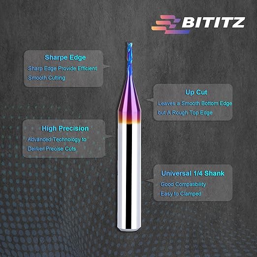 2PCS Upcut Spiral Router Bit 1/4 Inch Shank 1/16 Inch Cutting Diameter 1/4 inch Cutting Length with Extra Long Life Coating CNC Router Bits End Mill for Wood Cutting, Slot Mortise, Engraving