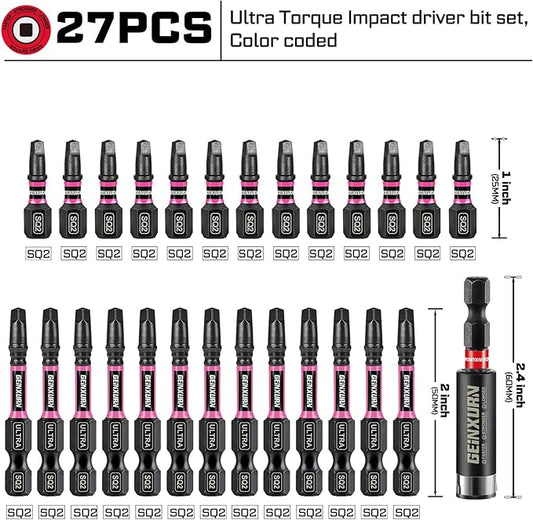 Impact #2 Square Screwdriver Bits Set, 26pcs 1??2??SQ2 Magnetic S2 Steel Driver Bits Set and 1pc Impact Bit Holder with Color Coded Base