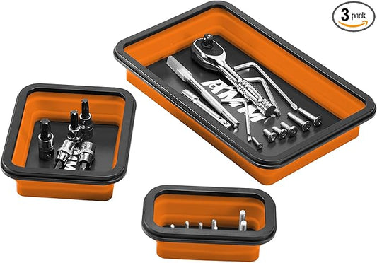 AMM Foldable Magnetic Parts Tray Set, 3 Different Size Magnetic Tool Trays for Bolts Screws Nuts & Small Metal Parts, Mechanic Tool Present for Men竊똎range