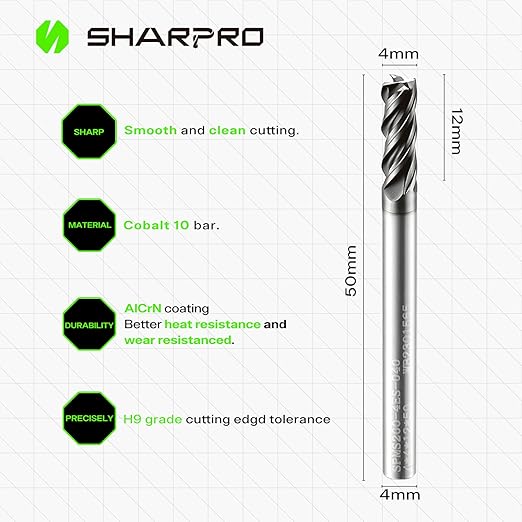 4mm Shank End Mill 4mm Cutting Dia. 4 Flutes AlCrN Coated Carbide Square CNC End Mills, Apply for Alloy Steel, Stainless Steel, and Various Cast Iron