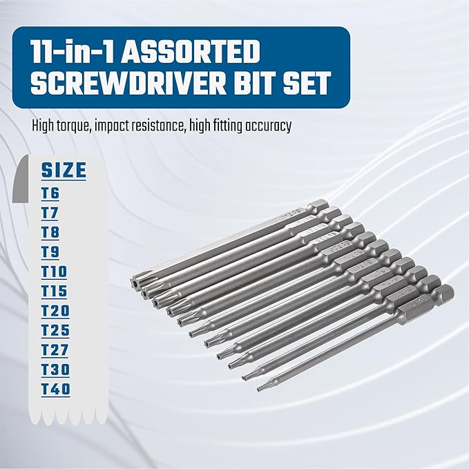 Security Torx Bit Set 11PCS 1/4 Inch Hex Shank 4 Inch/100 mm Length S2 Steel Extended Tamper Proof Star Bit Set with Magnetic for Power Screwdriver Drill Impact Driver