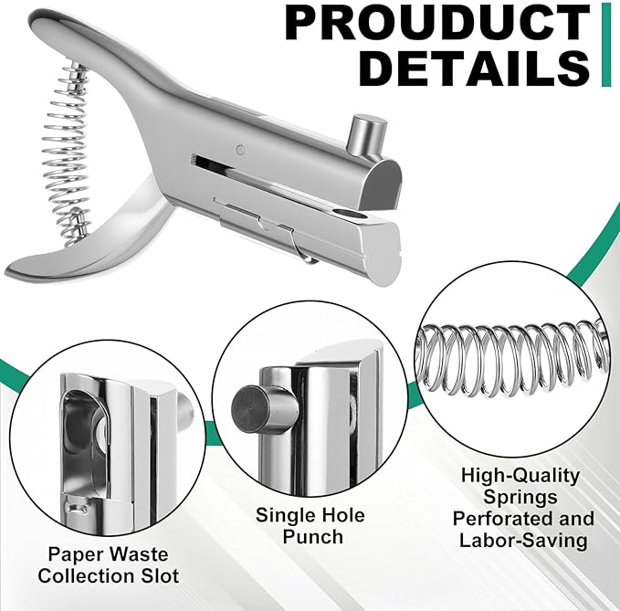 Chumia 1 Pcs Heavy Duty Hole Punch 2" Long Reach 3/8 Inch Paper Single One Hole Puncher Deep Throat Reduced Effort Hand Held Alloy Punch for ID PVC Cards 5 Inch Tall 25 Sheet Capacity