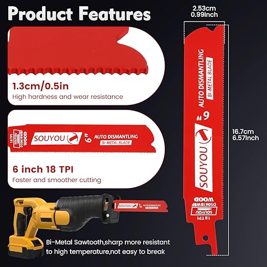25 Pack 6 in 18 TPI Bi-Metal Reciprocating Saw Blades with Organizer Carbide Alloy Steel for Automobile Dismantling Metal Steel Cutting Non-Stick Coated for Less Heat for 1/16-5/16 Medium Metals