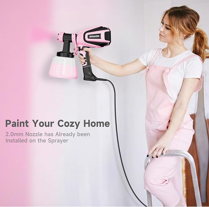 Paint Sprayer, 700W HVLP Paint Spray Gun with Cleaning & Blowing Joints, 4 Nozzles and 3 Patterns, Easy to Clean, for Furniture, Cabinets, Fence, Walls, Door, Garden Chairs etc. VF803 Pink