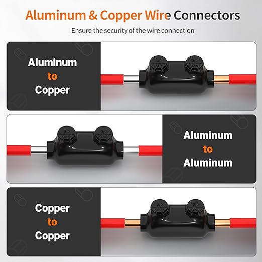 Joinfworld Insulated Inline Splice Connector 3/0-6AWG Aluminum to Copper Wire Connectors Aluminum Wire Connectors UL Listed with Slotted Allen Hex - 6 Pack