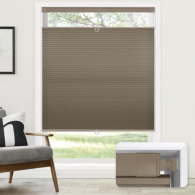 LazBlinds No Tools No Drill Cordless Cellular Shades, Top Down Bottom Up (TDBU) Honeycomb Shades for Home, Light Filtering Thermal Insulation Blinds for Windows, 38" W x 64" H, Taupe