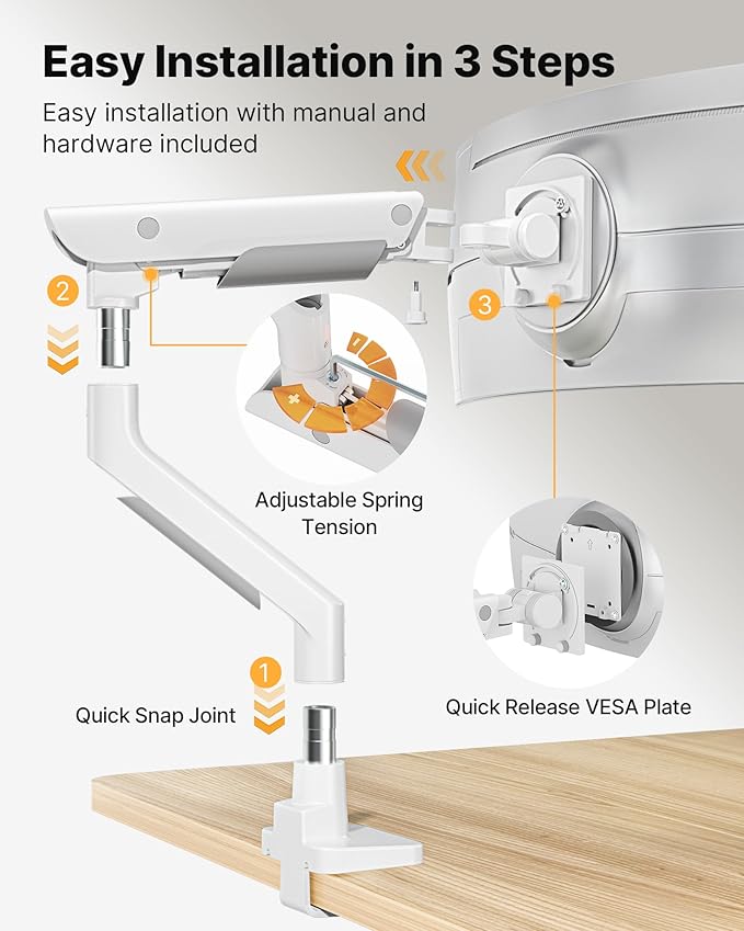 monTEK Sleek Aluminum Monitor Arm for 17??7??Ultrawide Screens up to 59.4 lbs, Heavy Duty Single Monitor Arm Desk Mount, Pneumatic Lift, Quick-Release Plate, Clamp/Grommet, Max VESA 100x100
