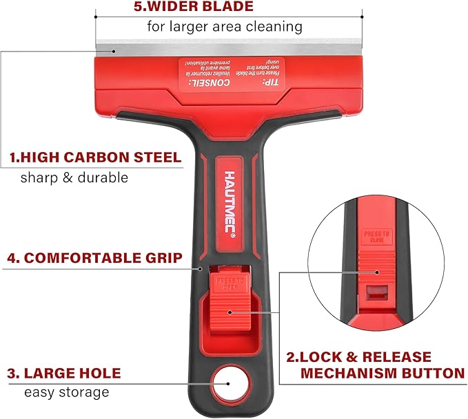 HAUTMEC Razor Blade Scraper Tool, 4" Wider Scraper Tool with 20 Extra Carbon Steel Blades, Razor Scraper for glass scraper, Adhesive, Label, Sticker from Window, Glass, Tile, Floor, Stove 25033