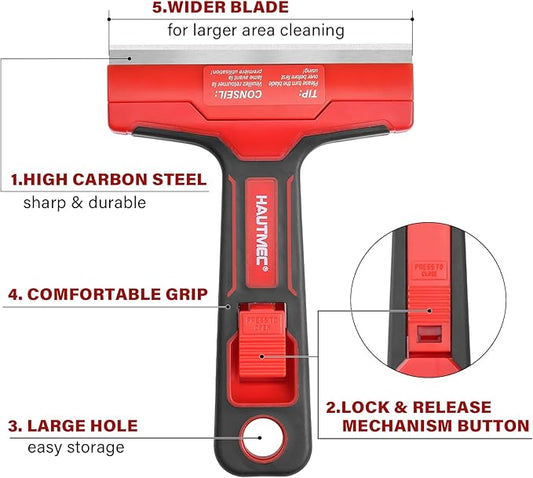 HAUTMEC Razor Blade Scraper Tool, 4" Wider Scraper Tool with 20 Extra Carbon Steel Blades, Razor Scraper for glass scraper, Adhesive, Label, Sticker from Window, Glass, Tile, Floor, Stove 25033