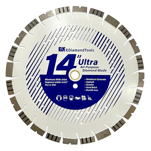 14" Ultra All Purpose Diamond Saw Blades for Hard/Reinforced Concrete, Asphalt, Granite, Terrazzo, Ductile Iron Piping, 4-5/8" Cutting Depth, 1" Arbor