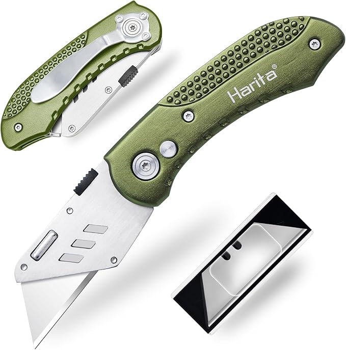 Box Cutter Heavy Duty Utility Knife, Razor Knife, Lightweight Aluminum Handle, Back-lock Mechanism, Stainless Belt Clip, for Carpet, Carton, Box, Cardboard, with 5-piece Extra Blades, Olive Green