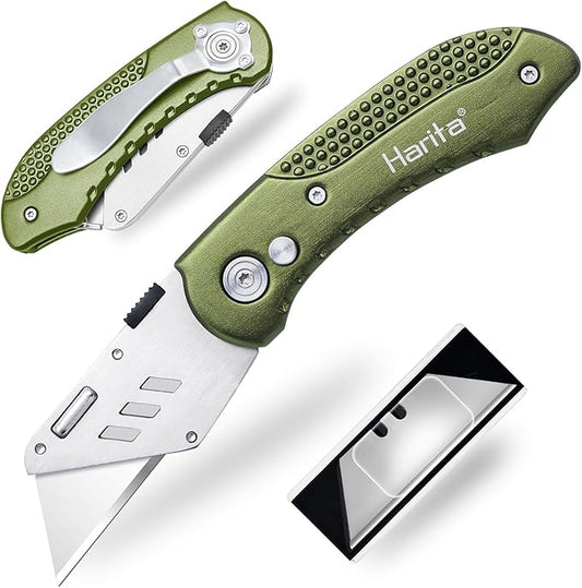Box Cutter Heavy Duty Utility Knife, Razor Knife, Lightweight Aluminum Handle, Back-lock Mechanism, Stainless Belt Clip, for Carpet, Carton, Box, Cardboard, with 5-piece Extra Blades, Olive Green