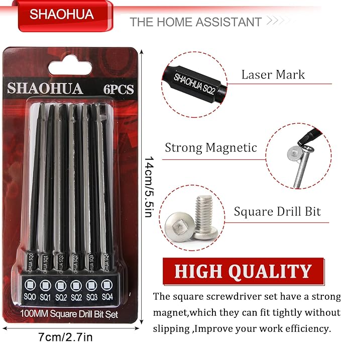 6PCS Square Drive Bits, SQ0/1/2/3/4 Allen Wrench Screwdriver Set, 4 Inch竊?00mm) Square Impact Driver Bits, 1/4 Hex-Shank Pocket Hole Screw Drill Bit, Magnetic Screwdriver for Appliances Repairs