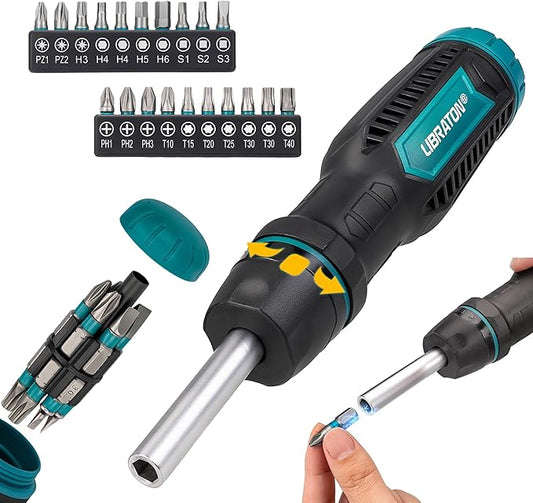 LIBRATON Ratchet Screwdriver Set, 33-in-1 Multi-Bit, Magnetic, Slotted/Philips/Pozi/Torx/Hex/Square Bits, Home/Auto/DIY