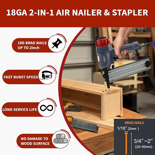 18GA Pneumatic Brad Nailer,Accepts 5/8 to 2Inch Brad Nails & Crown 5/8 to 1-5/8 Inch Staple.2 in 1 Nail Gun (Include 6m Air Tube,1*Nail Puller & Portable Bag)