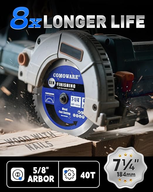 COMOWARE 7 1/4“ Circular Saw Blade, 40T ATB Circular Saw Blade, 5/8" Arbor, TCT Carbide-Tipped, Anti-Vibration, Teflon Anti-Stick, Miter Saws Blades for Wood, Laminate, Plywood & Hardwoods