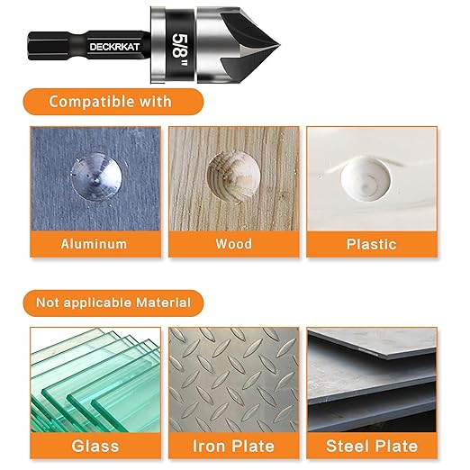 5 Pcs Countersink Drill Bit Set, 82 Degree, 5Flute with 1/4??Quick Change Hex Shank, Sizes 1/4??to 3/4??for Metal, Wood & Plastic, Ideal for Carpentry, Metalwork, Plastic Fabrication
